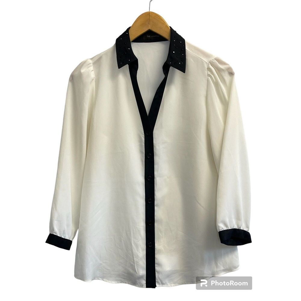 Limited Womens Blouse‎ Cream & Black Beaded V-neck Collared Button Up 3/4 Sleeve
